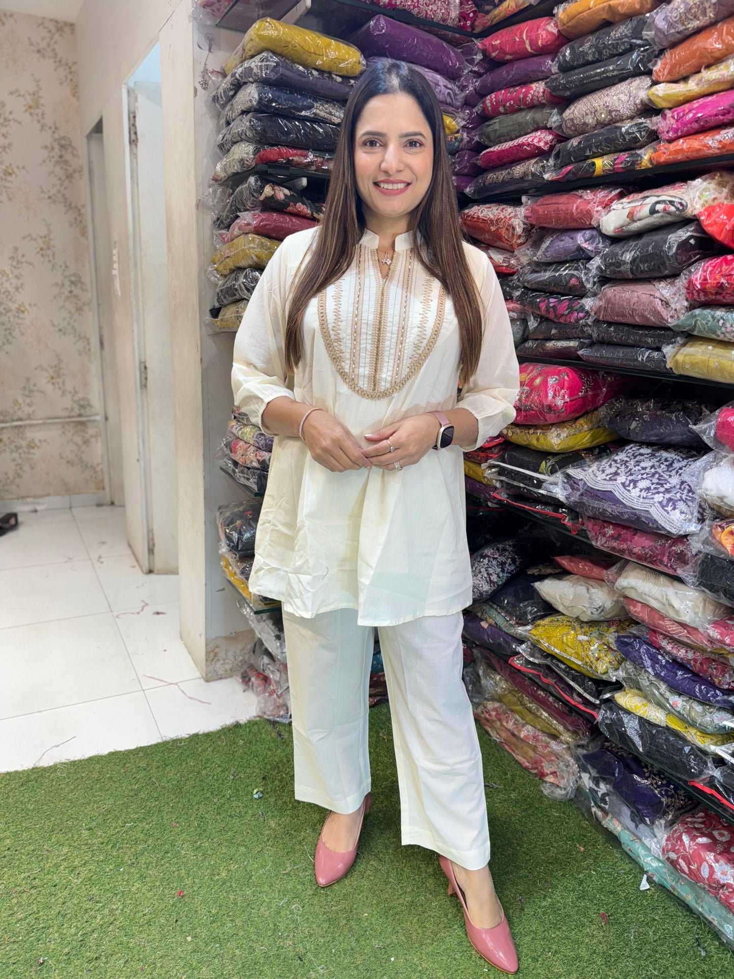 Elegant Cotton Embroidered Short Kurti Set with Pants 3 colour