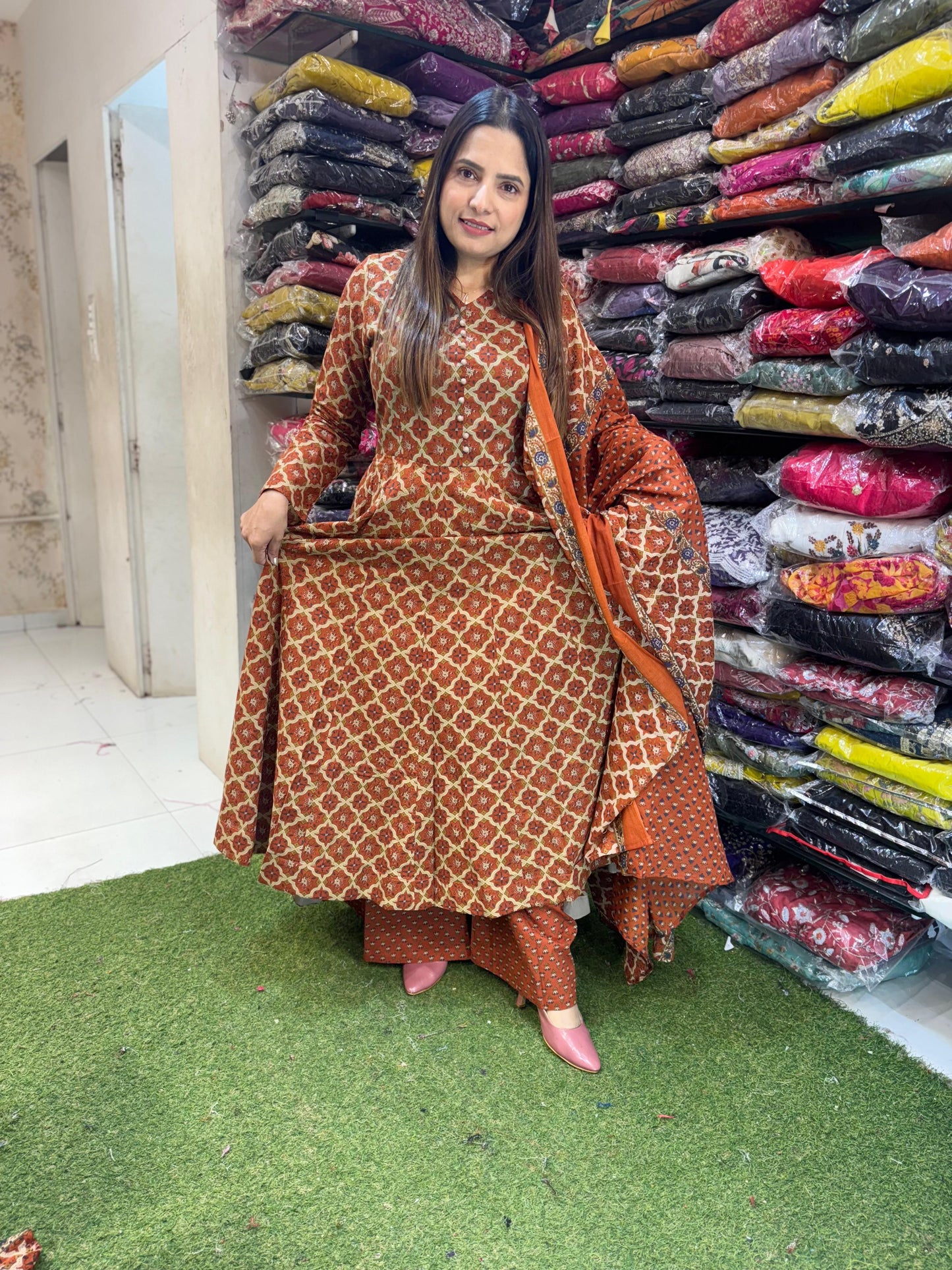 24 Kali Pure Cotton Premium Anarkali Suit – Rust Orange – Necklace Button Detailing