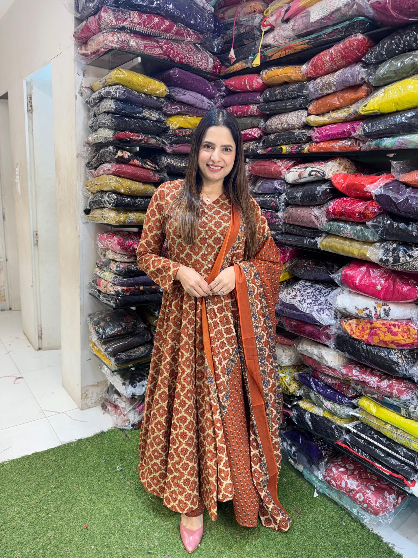 24 Kali Pure Cotton Premium Anarkali Suit – Rust Orange – Necklace Button Detailing