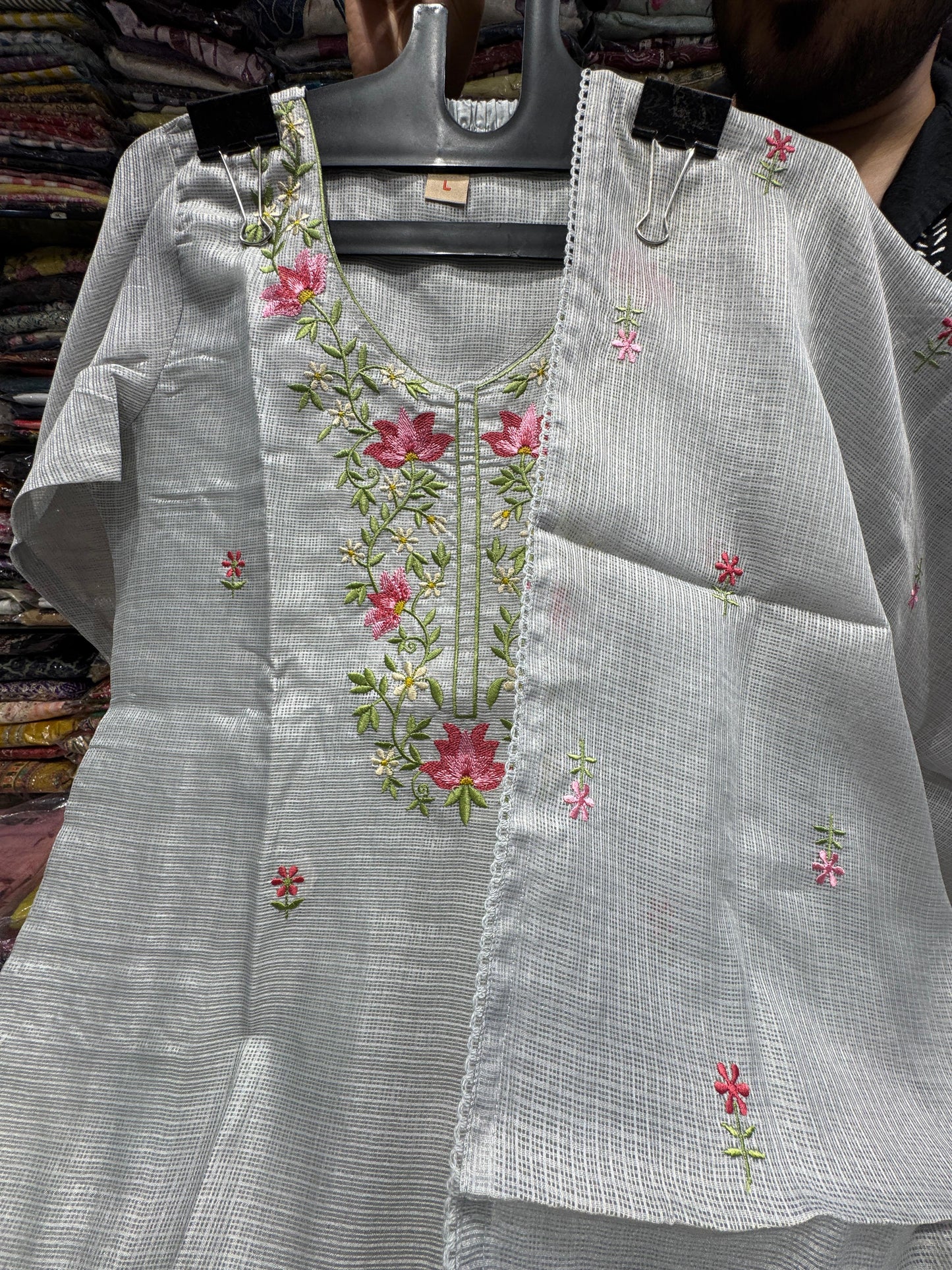 Premium Kota doria 3 Pc suit With Thread Embroidery Grey colour