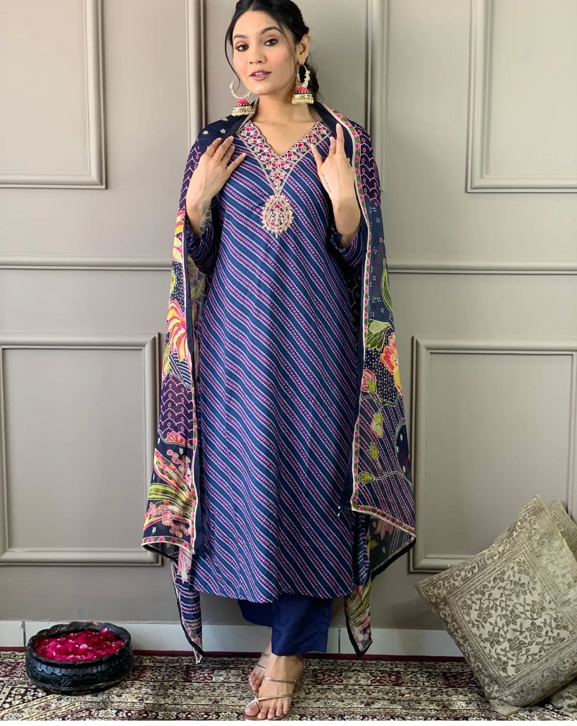 Pure Muslin Lehariya Print 3pc Set Blue Color