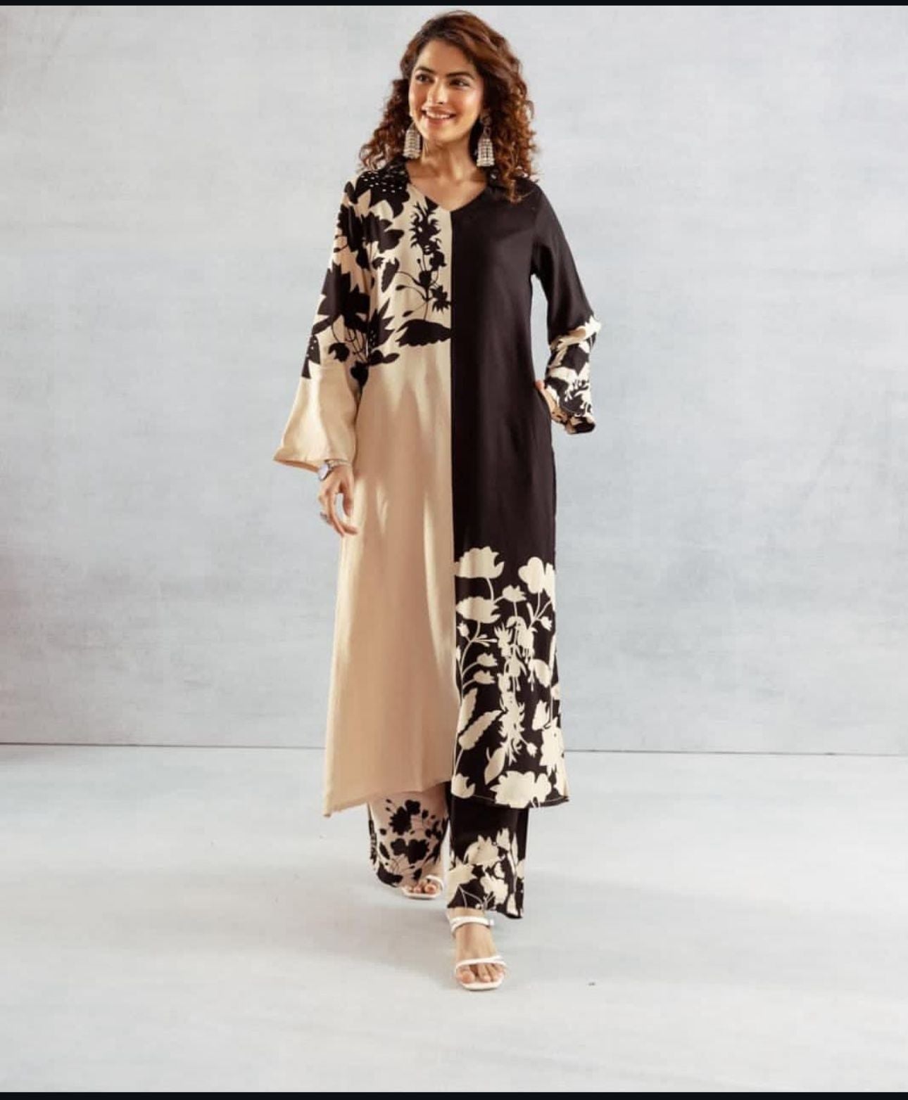 GFH Signature Premium Viscose German Rayon Long Co-ord Set with C-Cut Pattern Black Color