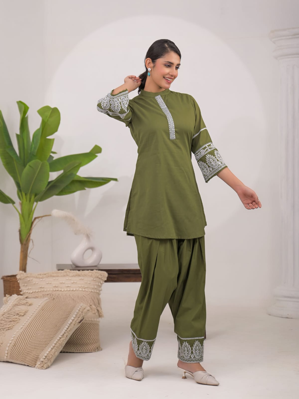 Pure Cotton Farsi Salwar Cordsets With Chinese Collar Style Mahendi Color