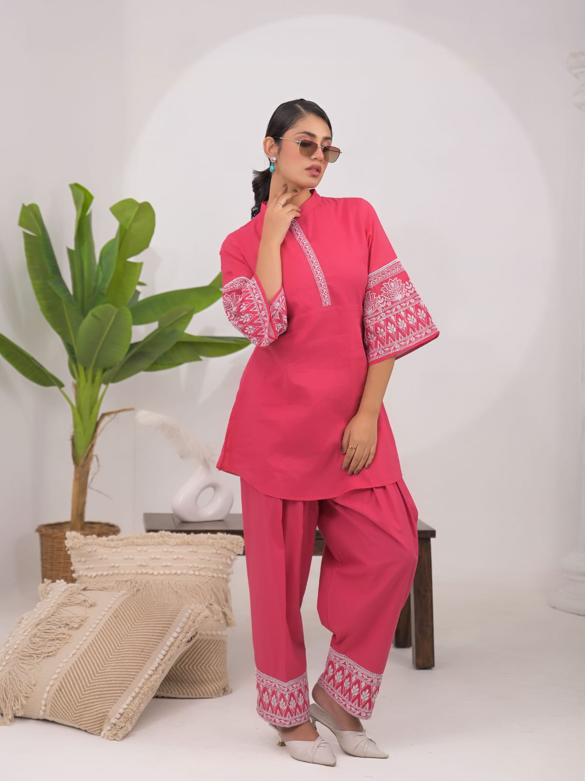 Pure Cotton Farsi Salwar Cordsets With Chinese Collar Style Pink Color