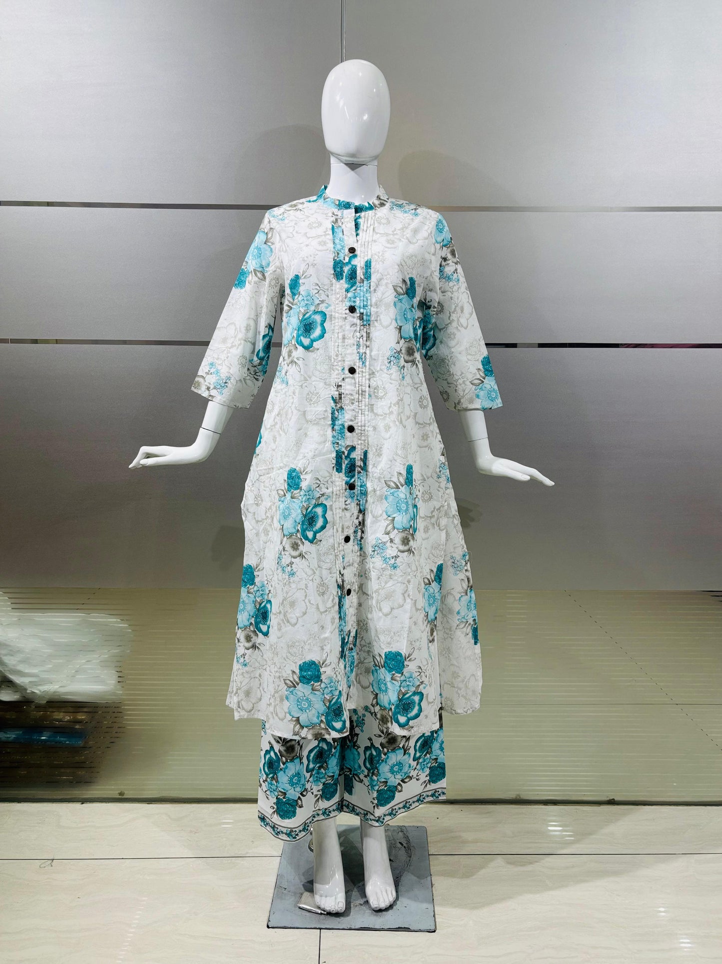 Pure Jaipuri Cotton Cordset with A-Line Top and Palazzo With Sky Blue Flower