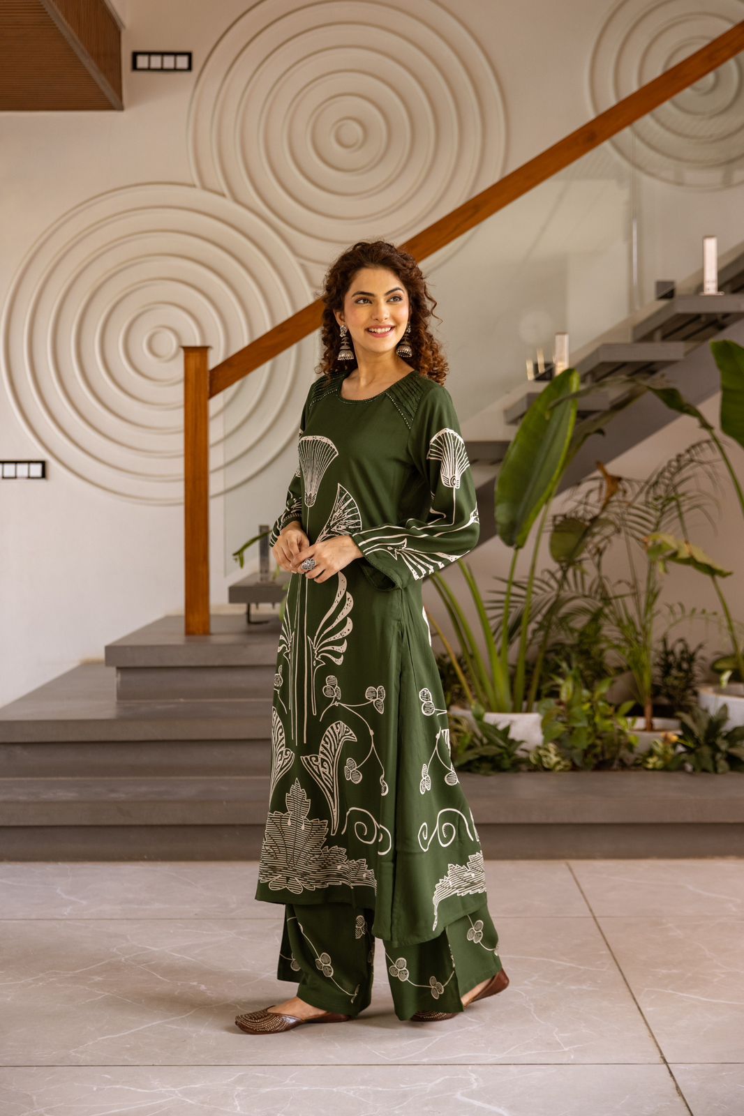 GFH Signature Premium Viscose German Rayon Long Co-ord Set with C-Cut Pattern Green Color