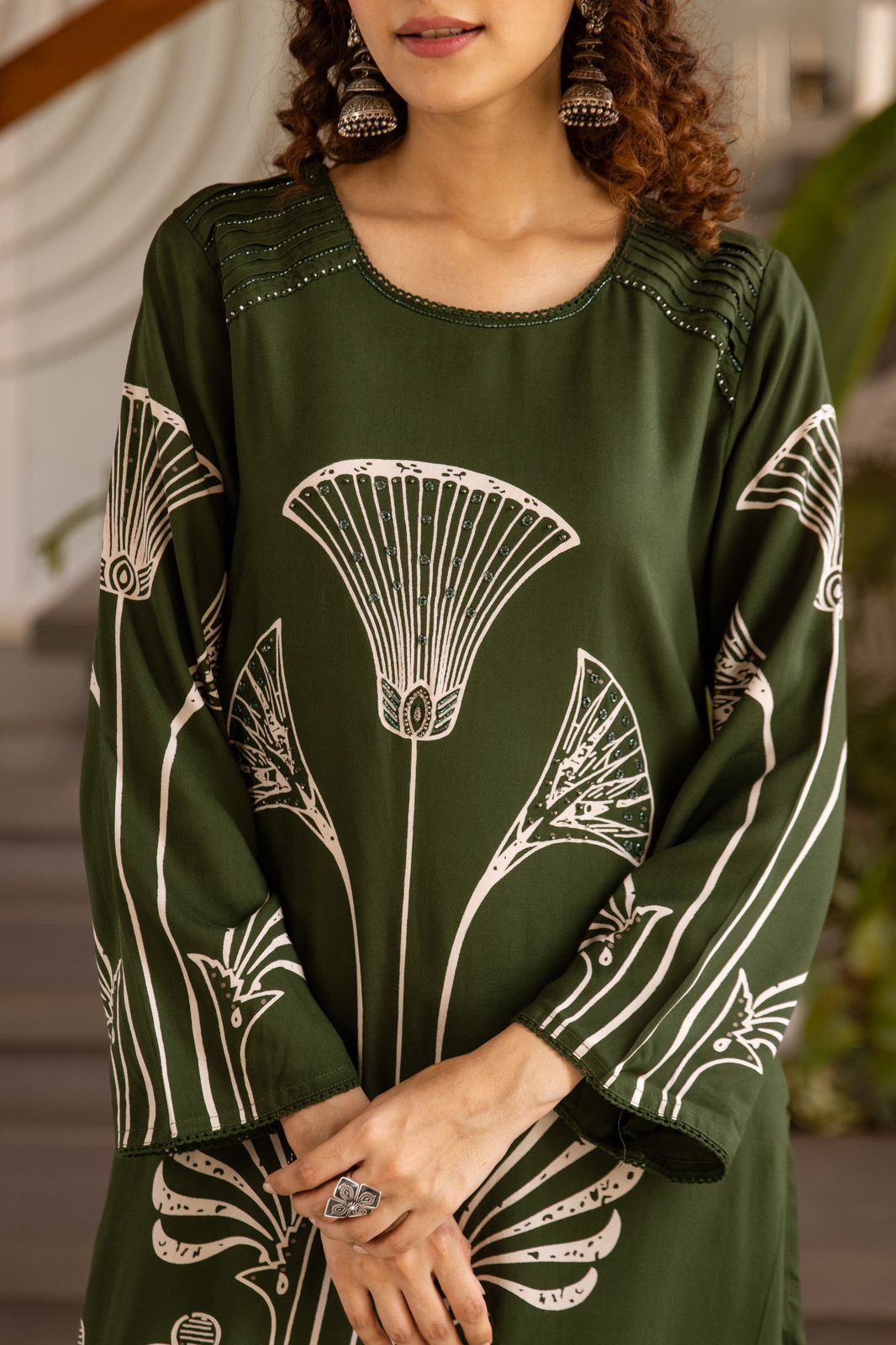 GFH Signature Premium Viscose German Rayon Long Co-ord Set with C-Cut Pattern Green Color