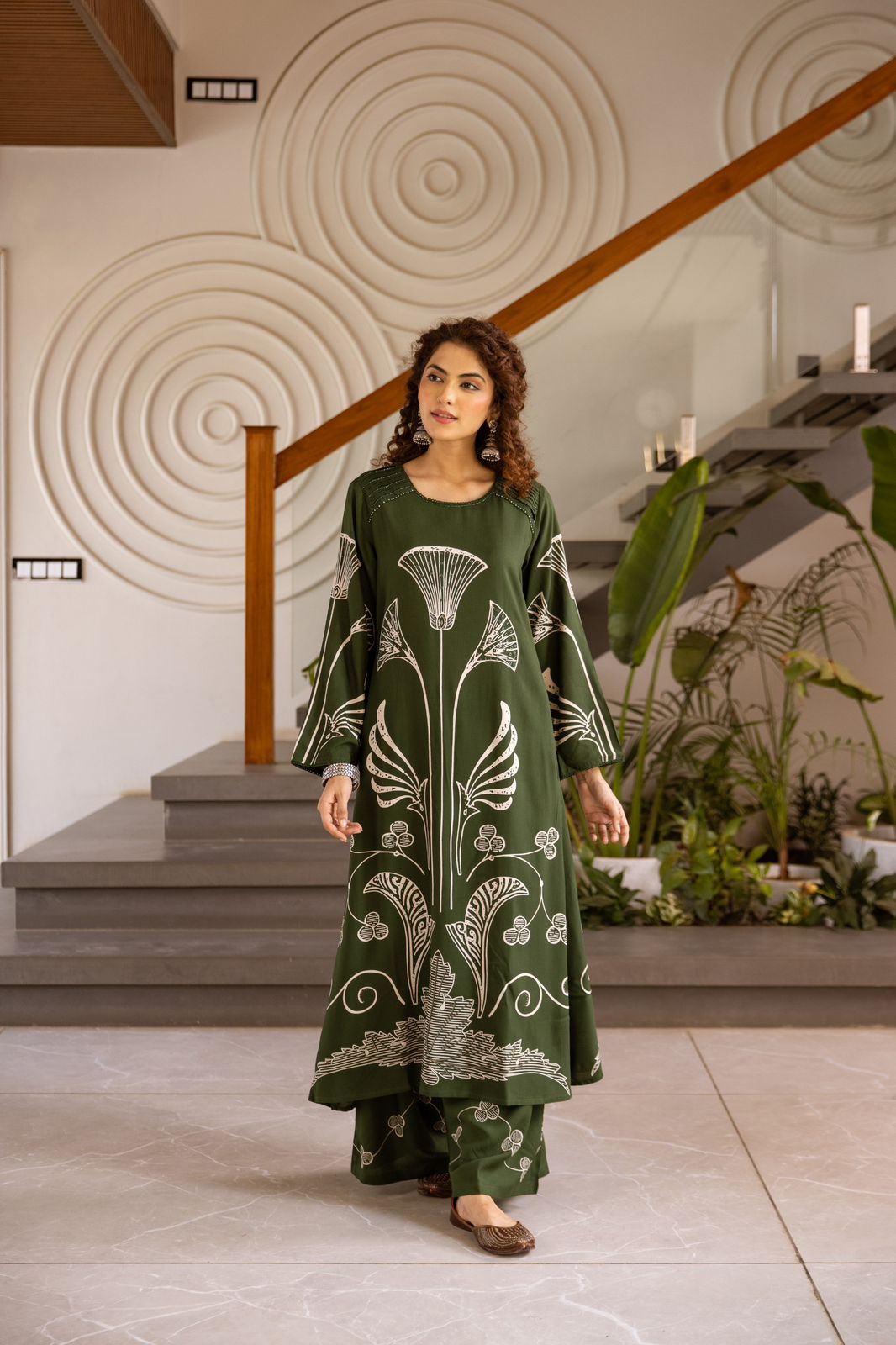 GFH Signature Premium Viscose German Rayon Long Co-ord Set with C-Cut Pattern Green Color