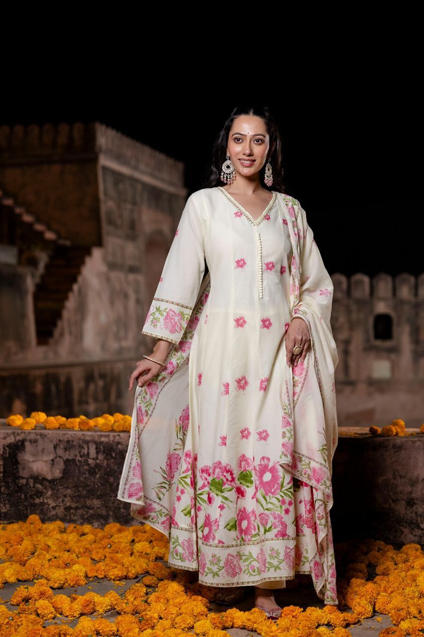 Pure Mull Cotton Anarkali With Potli Buttons