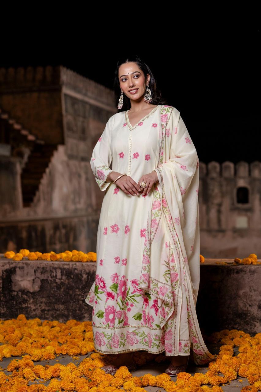 Pure Mull Cotton Anarkali With Potli Buttons