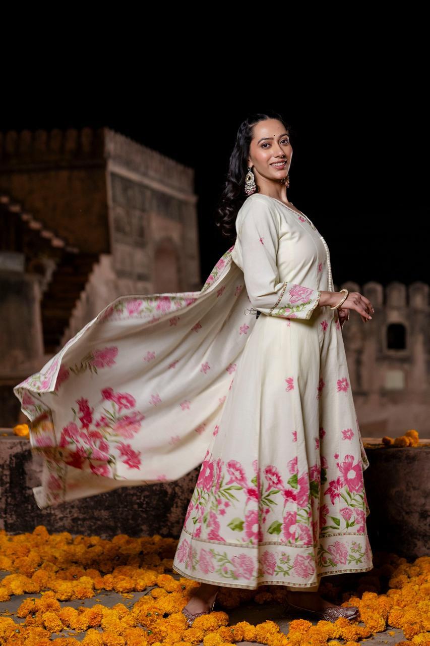 Pure Mull Cotton Anarkali With Potli Buttons