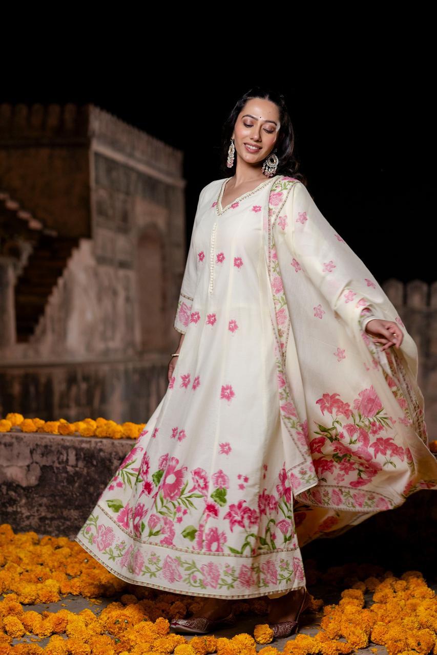 Pure Mull Cotton Anarkali With Potli Buttons