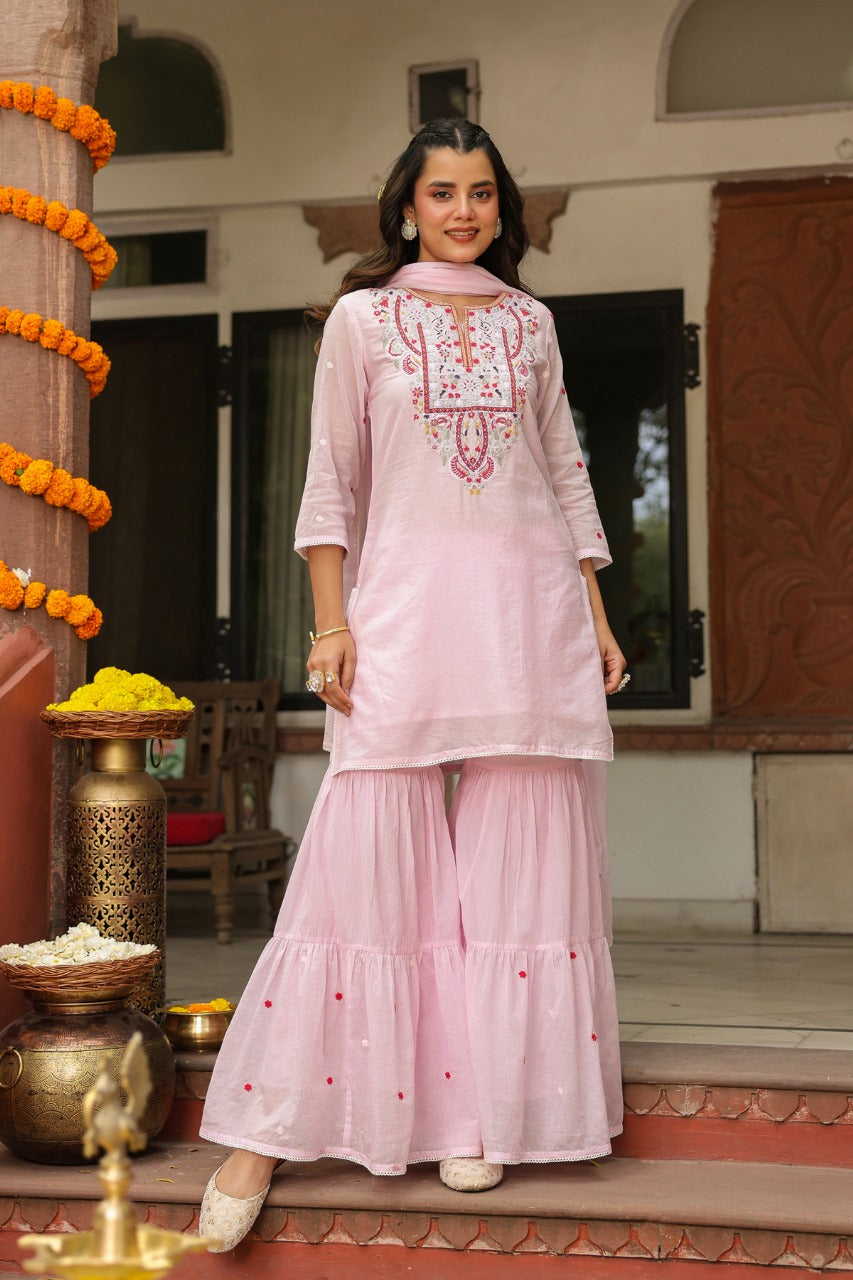 Pure Mull With Full Lining With Embroidery Work Pink Color With Sarara