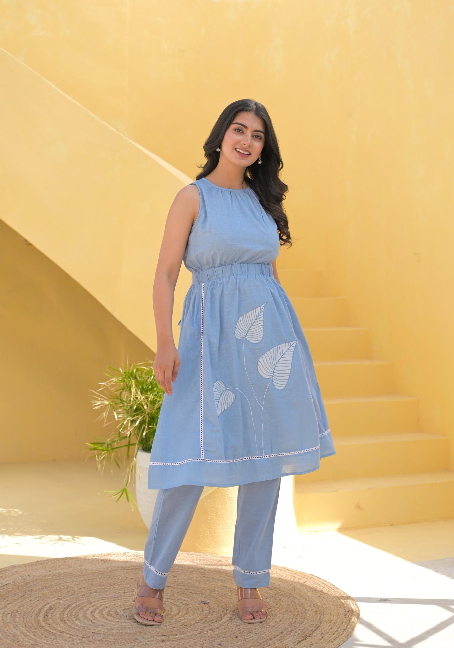 Pure Cotton Applique Work Midi With Bottom Sky Blue Color