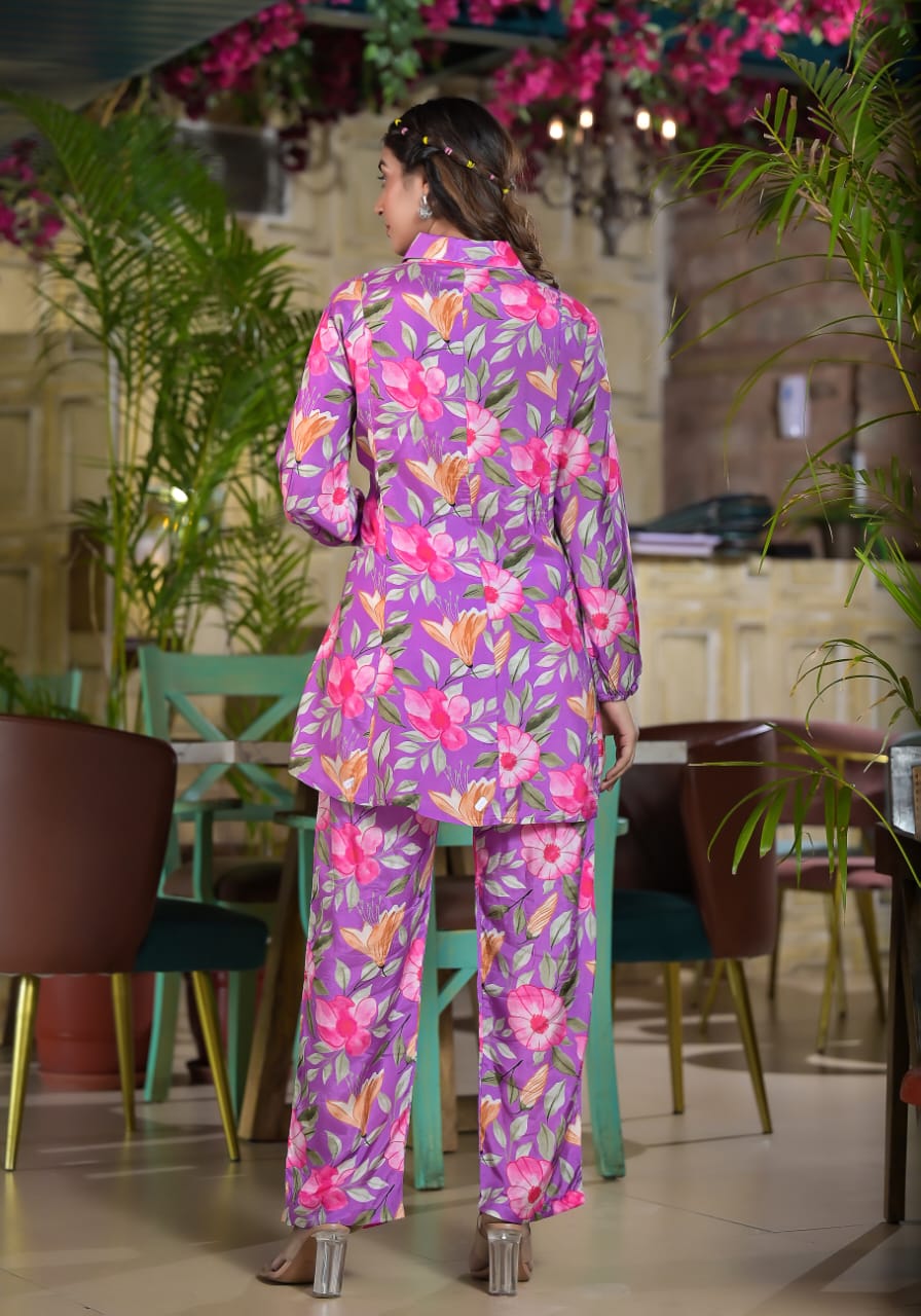 Pure Muslin Floral Print Cordset Purple Color