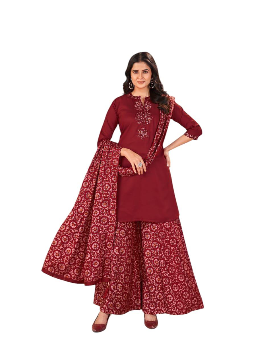 Pure Gaji Silk Real Mirror Work Bottom plazzo 3pc Set Maroon Color