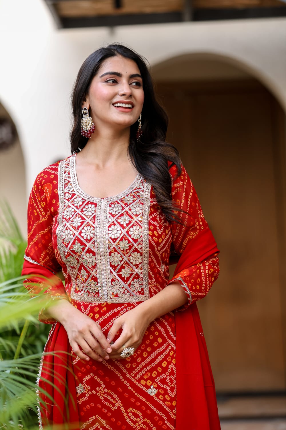 Pure Georgette Bandhej Print Gota patti Work 3pc Set Red Color