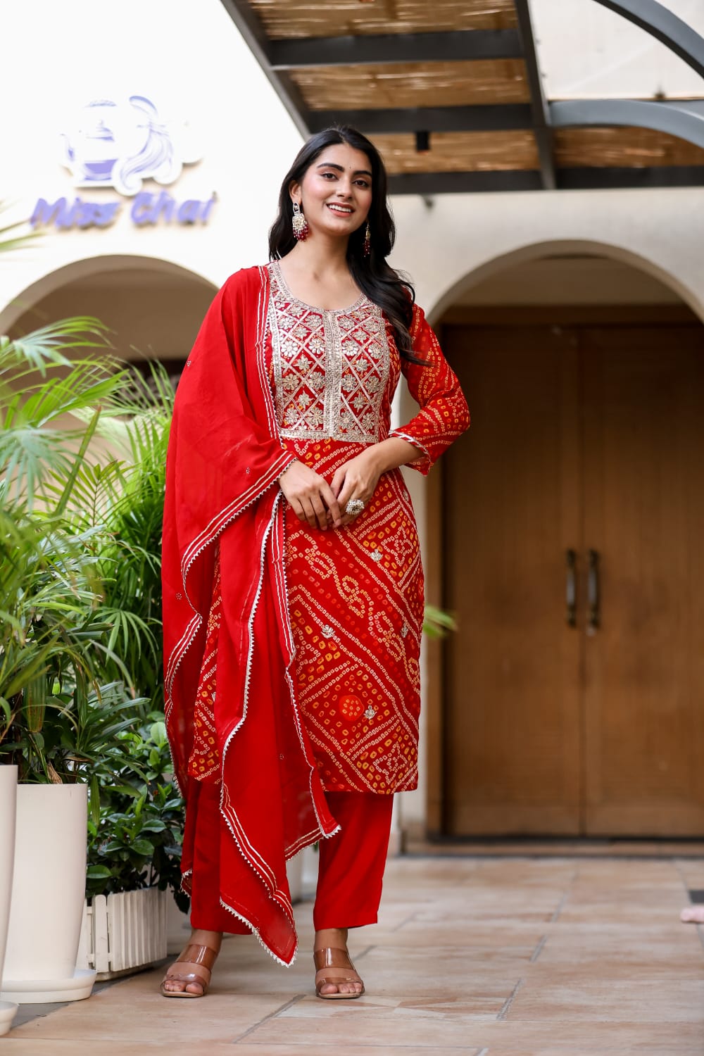 Pure Georgette Bandhej Print Gota patti Work 3pc Set Red Color
