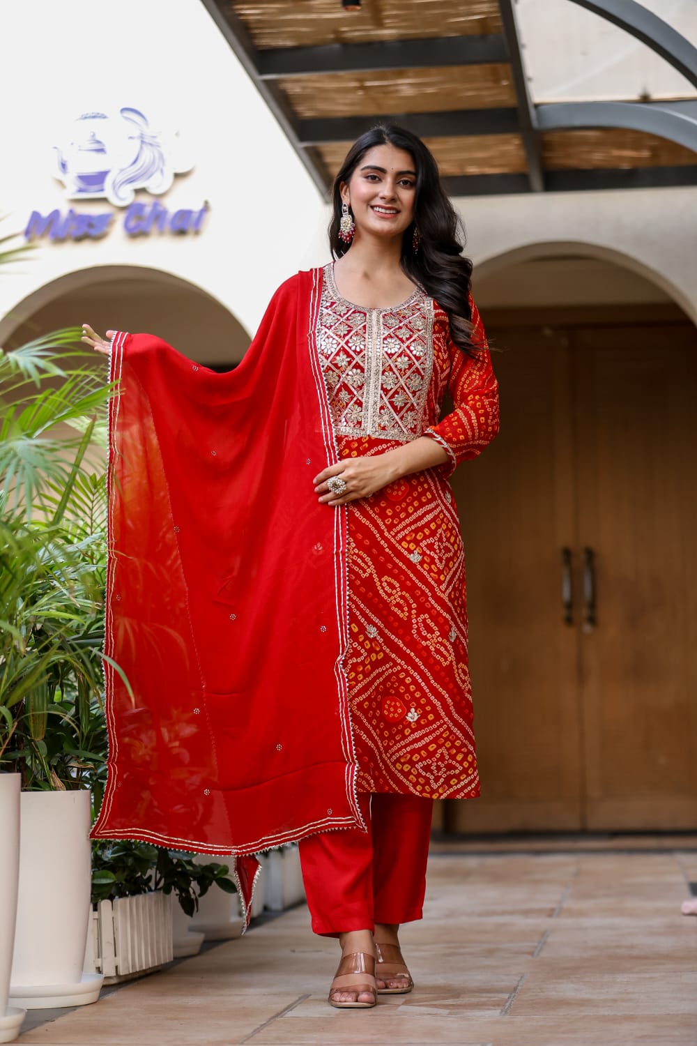 Pure Georgette Bandhej Print Gota patti Work 3pc Set Red Color