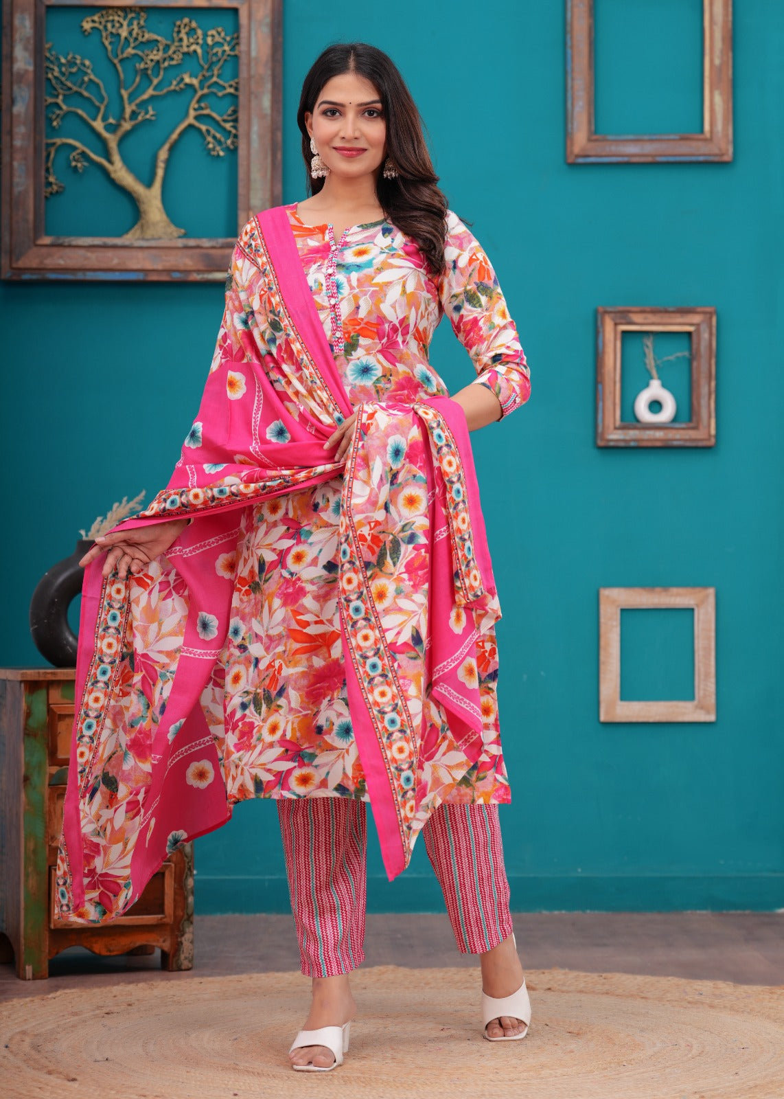 Pure Bombay Cotton Floral Print 3pc Set pink Color