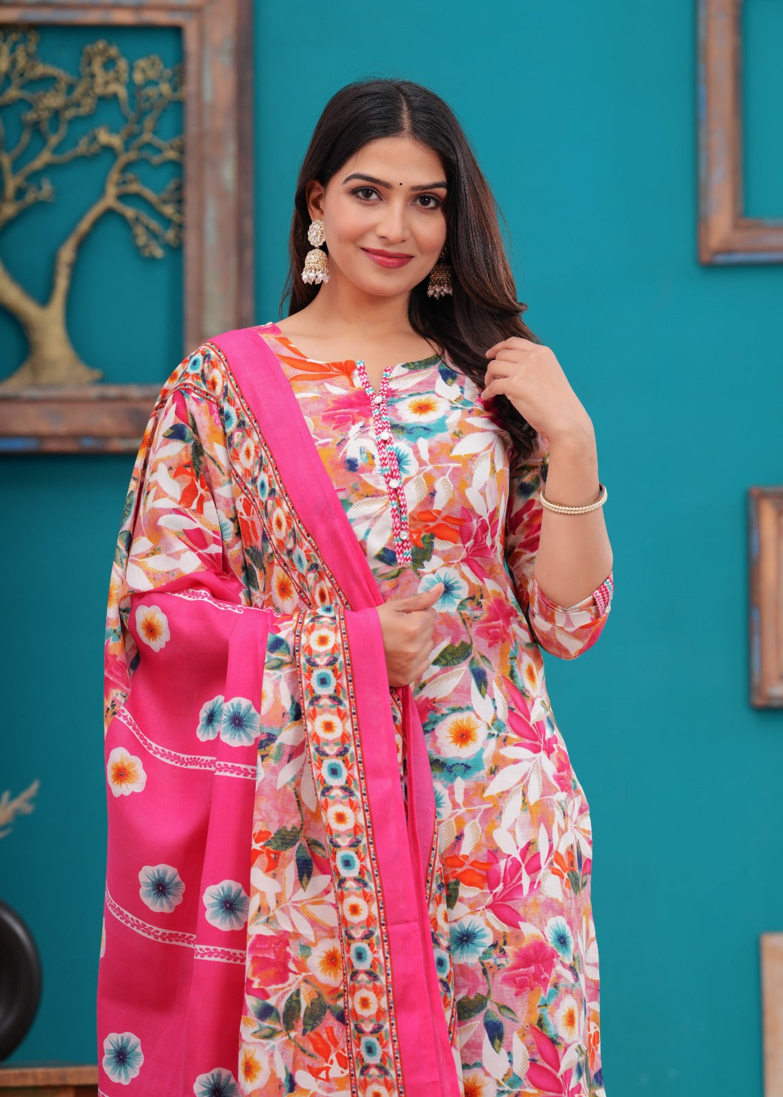Pure Bombay Cotton Floral Print 3pc Set pink Color