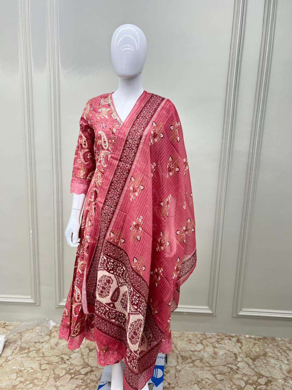Pure Glace Cotton Real Mirror Work Floral Print pakistani Anarkali 3pc Set Nude Pink Color