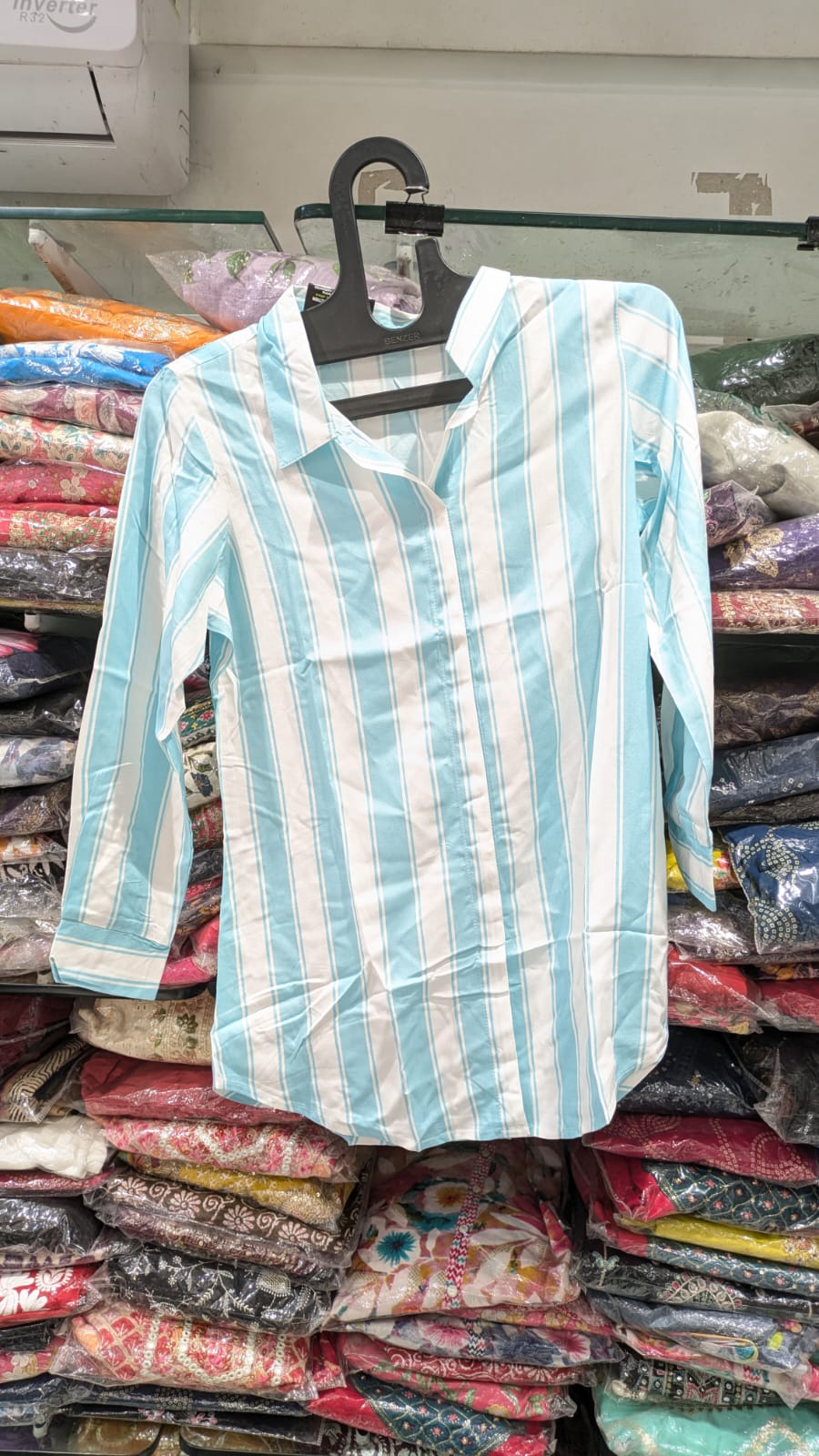 Stripes Pure Linen Shirt With firozi and white Line