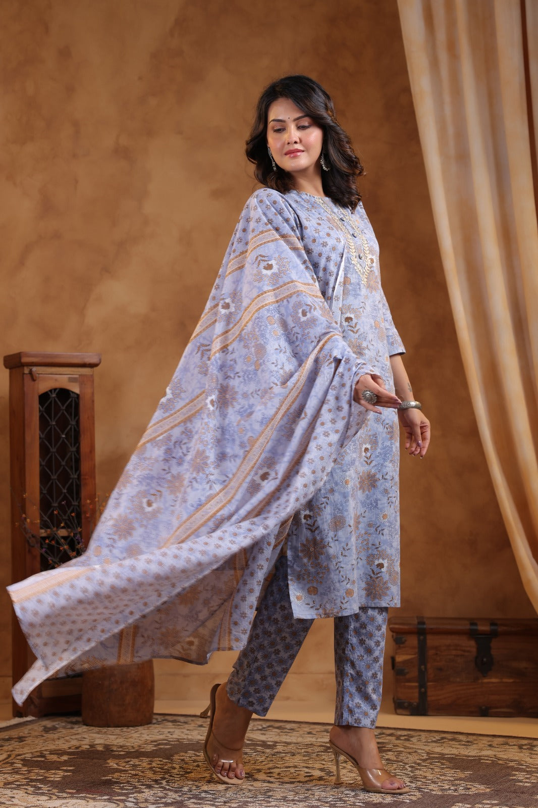 Pure Jaipuri Cotton Floral Print 3pc Set Light Blue Color