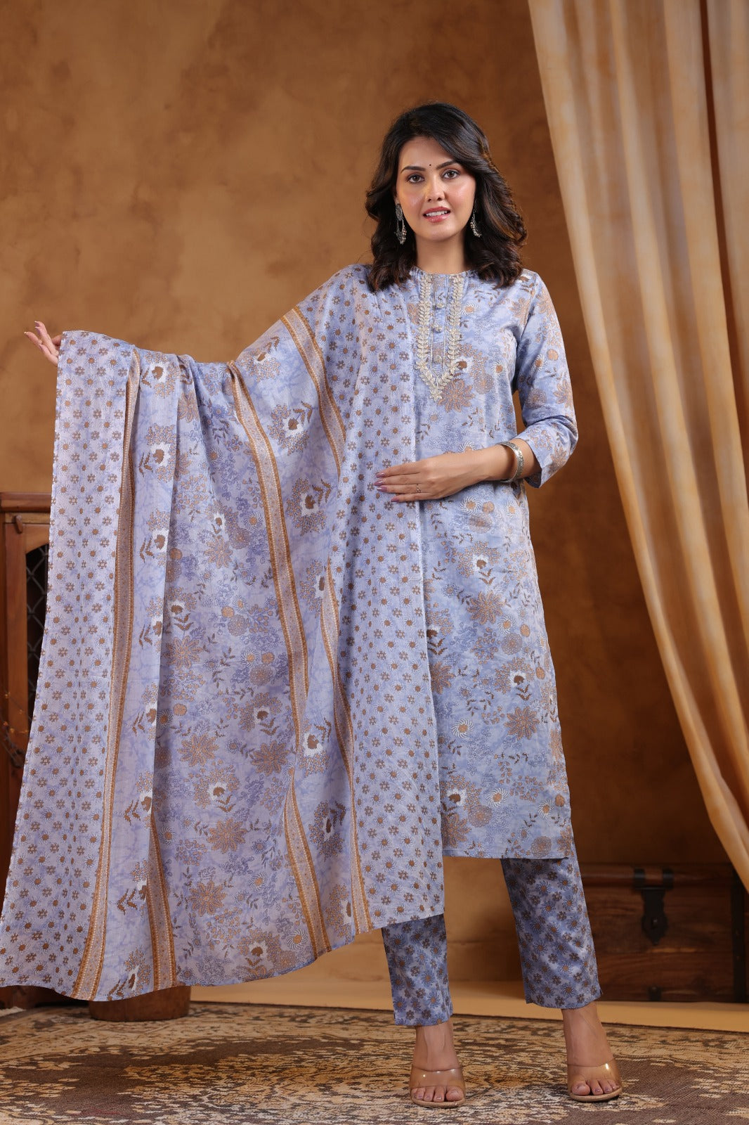 Pure Jaipuri Cotton Floral Print 3pc Set Light Blue Color