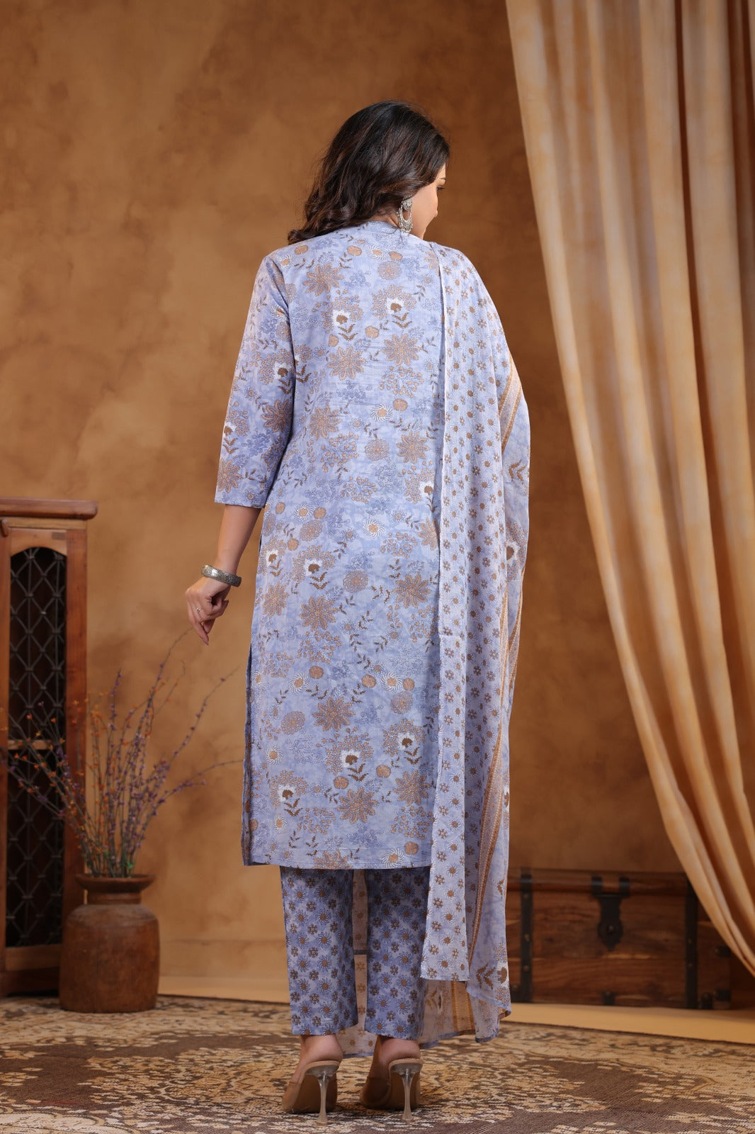Pure Jaipuri Cotton Floral Print 3pc Set Light Blue Color