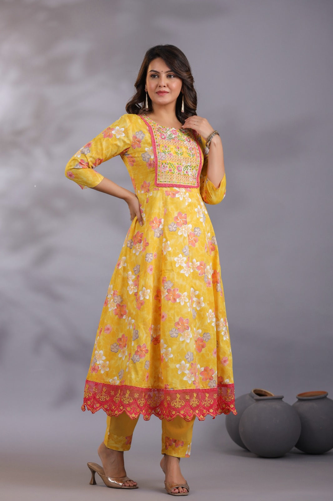 Pure Cotton Thread Work Floral Print 3pc Set Yellow Color