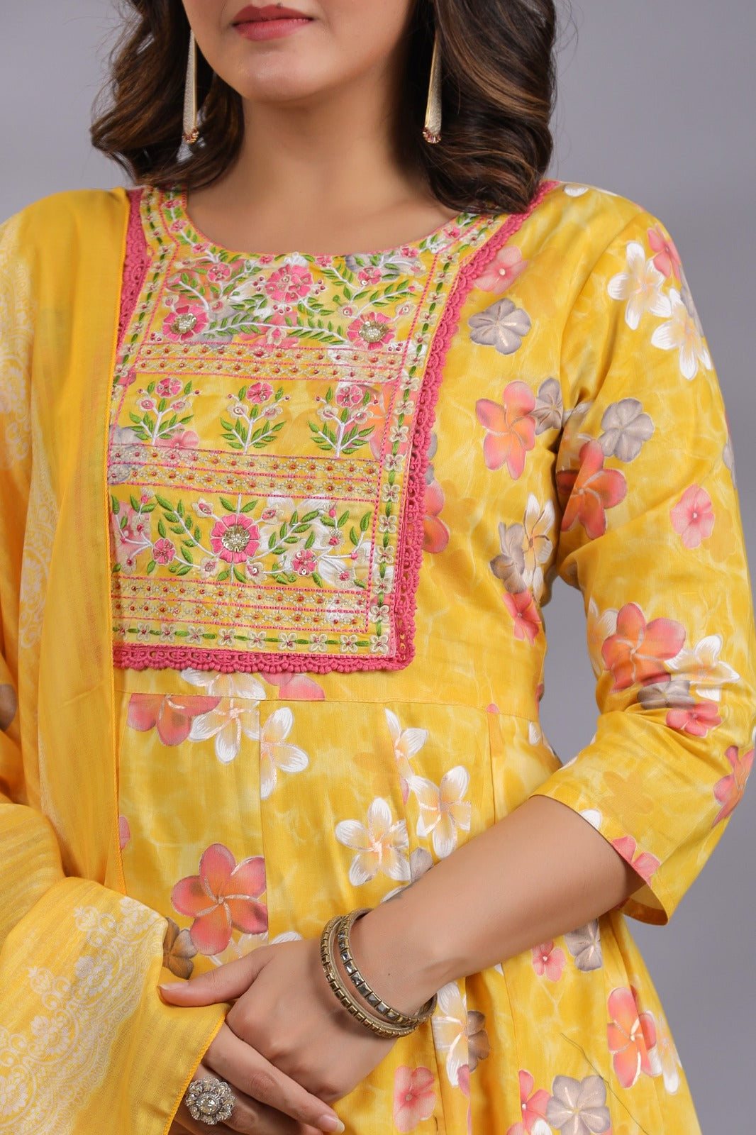 Pure Cotton Thread Work Floral Print 3pc Set Yellow Color