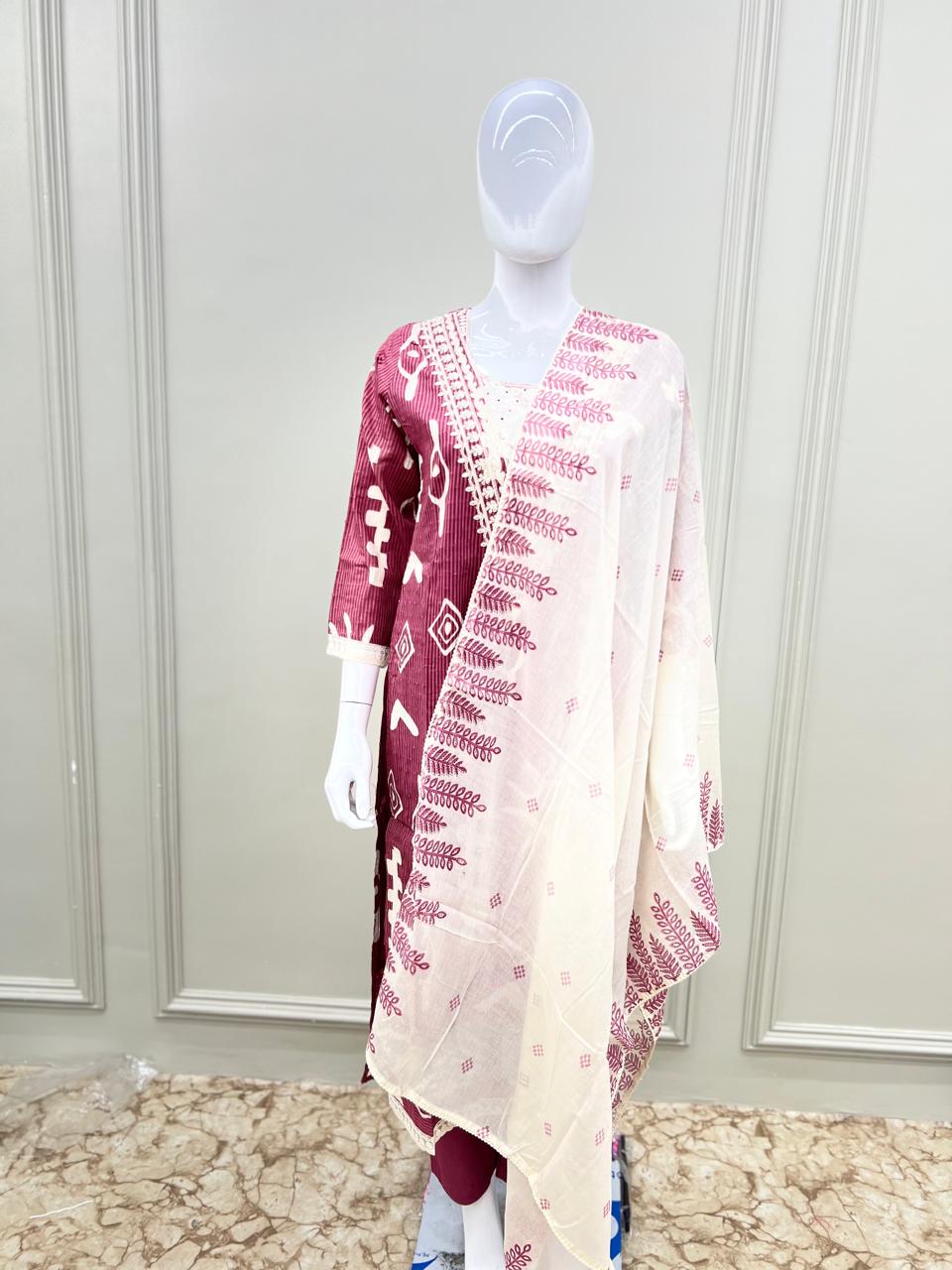 Designer Pure Mull Cotton 3 Pc Suit With Schiffli Work- Onion Pink colour