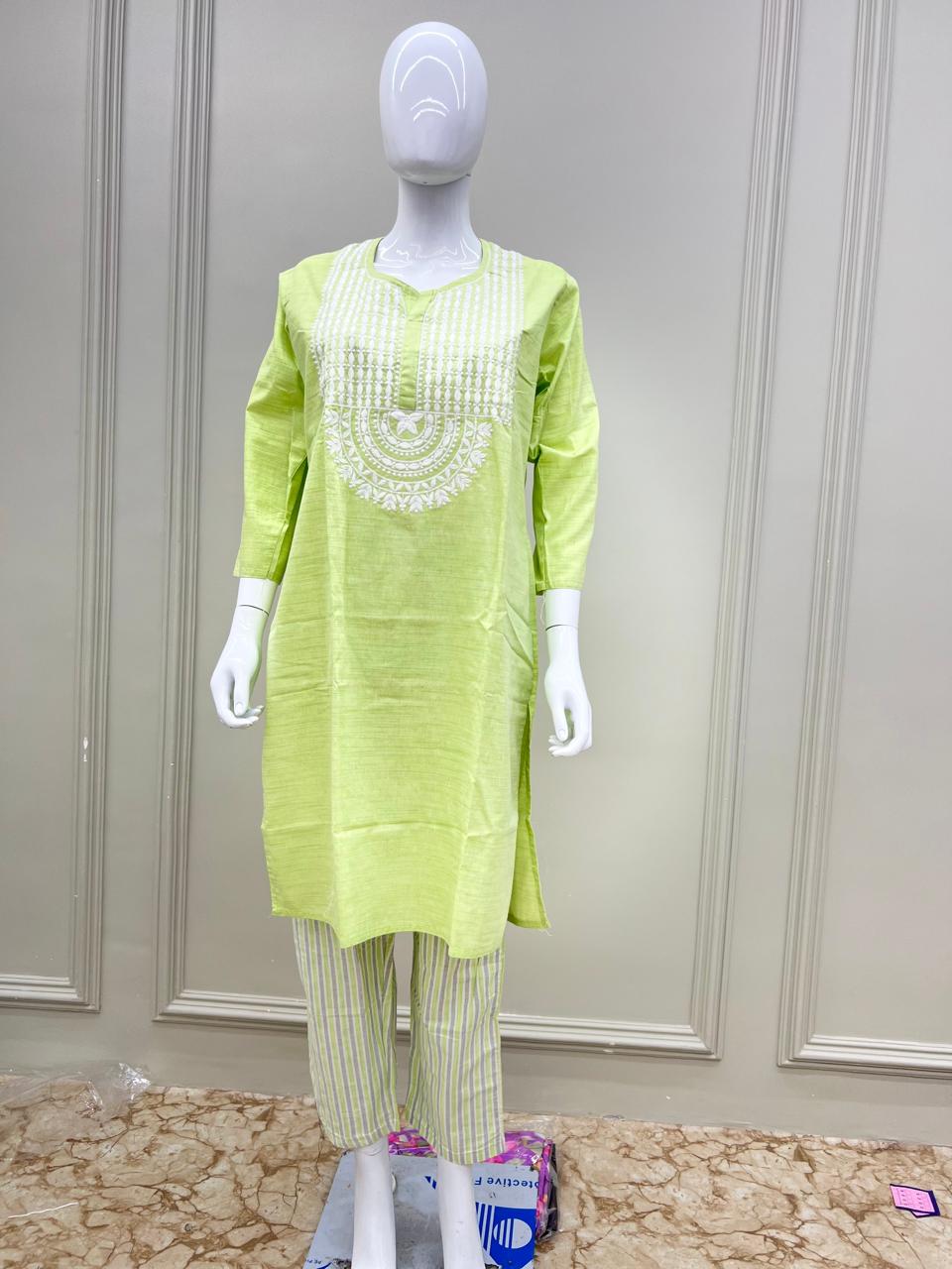 Pure Lucknowi Thread Work 2pc Set Green Color