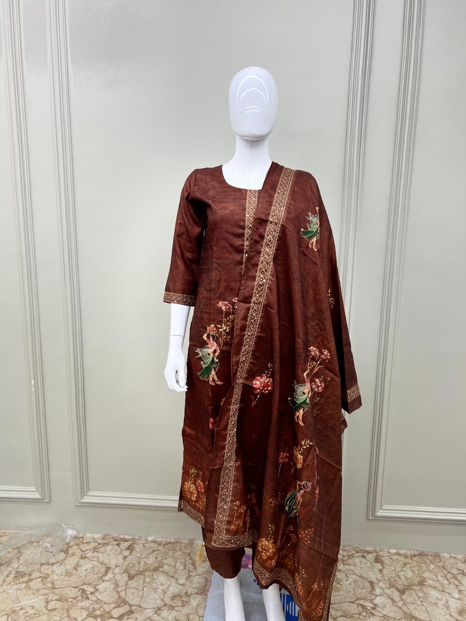 Pure Katha Fabric 3pc Suit Detailing Work Brown Color