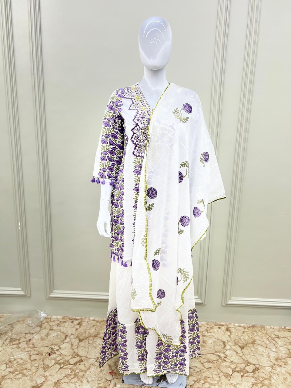Pure Cotton Floral print 3pc Set White and Purple Color