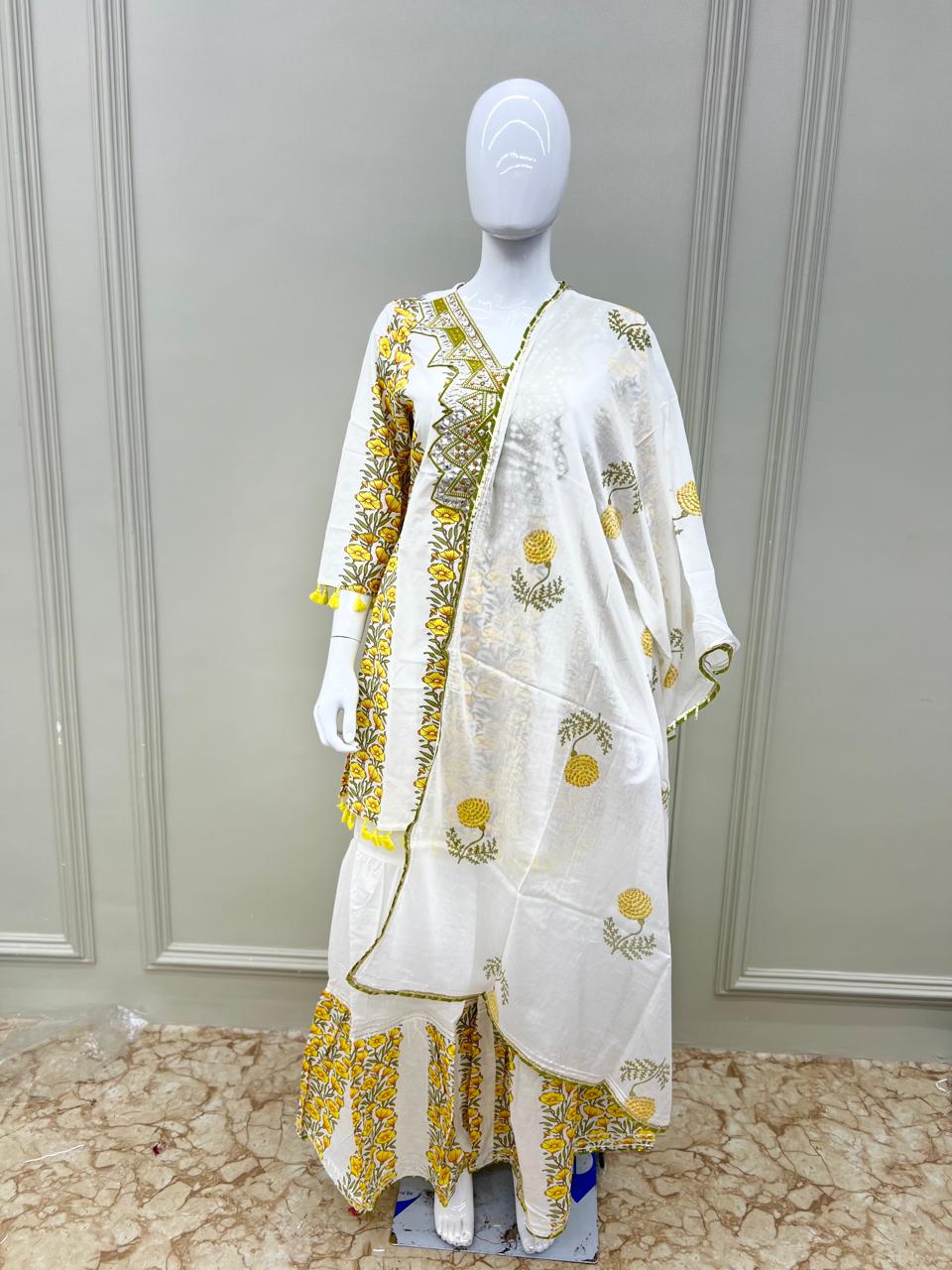 Pure Cotton Floral print 3pc Set White and Yellow Color