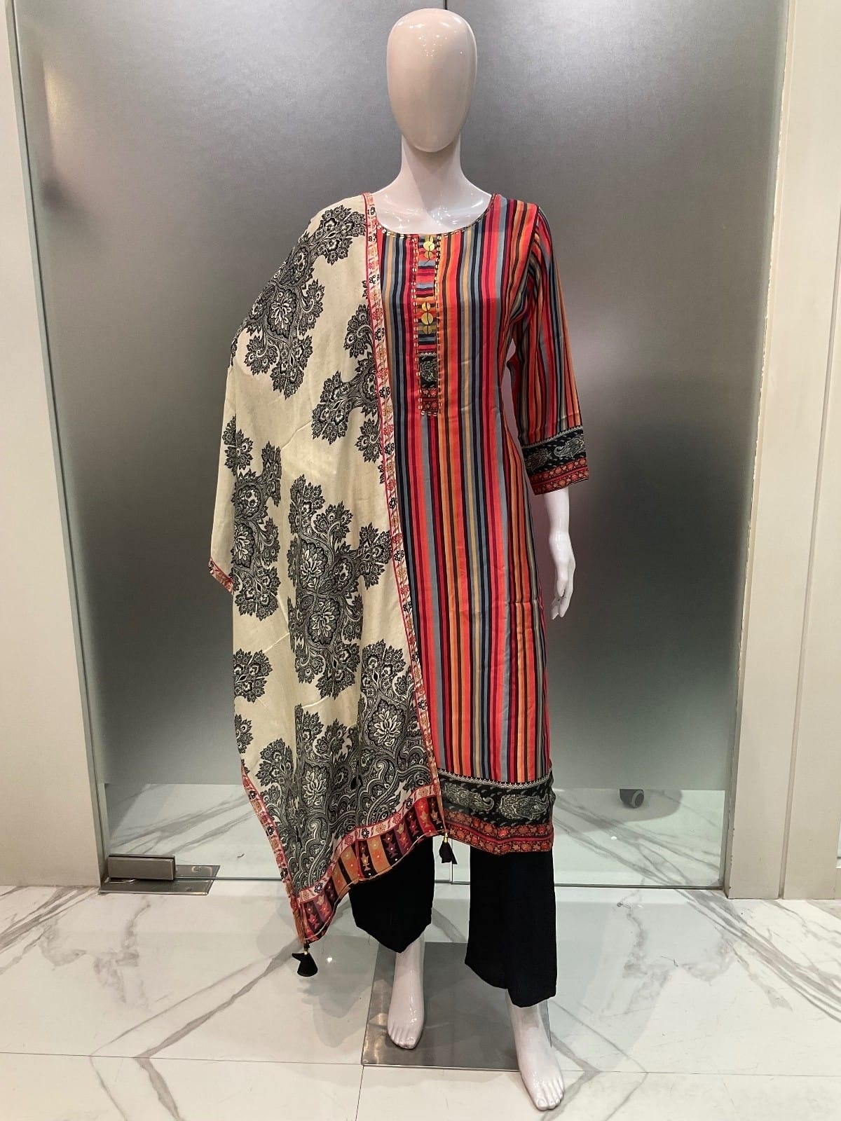 Pure Muslin Detailing Work Stripe Line 3pc Set Multi Color