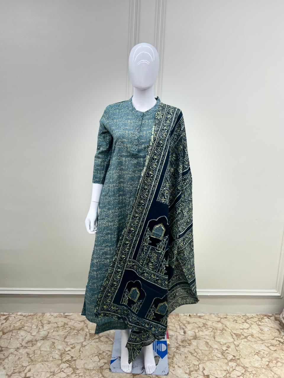 Pure jaipuri Cotton Kalamkaari Print 3pc Set Blue Color