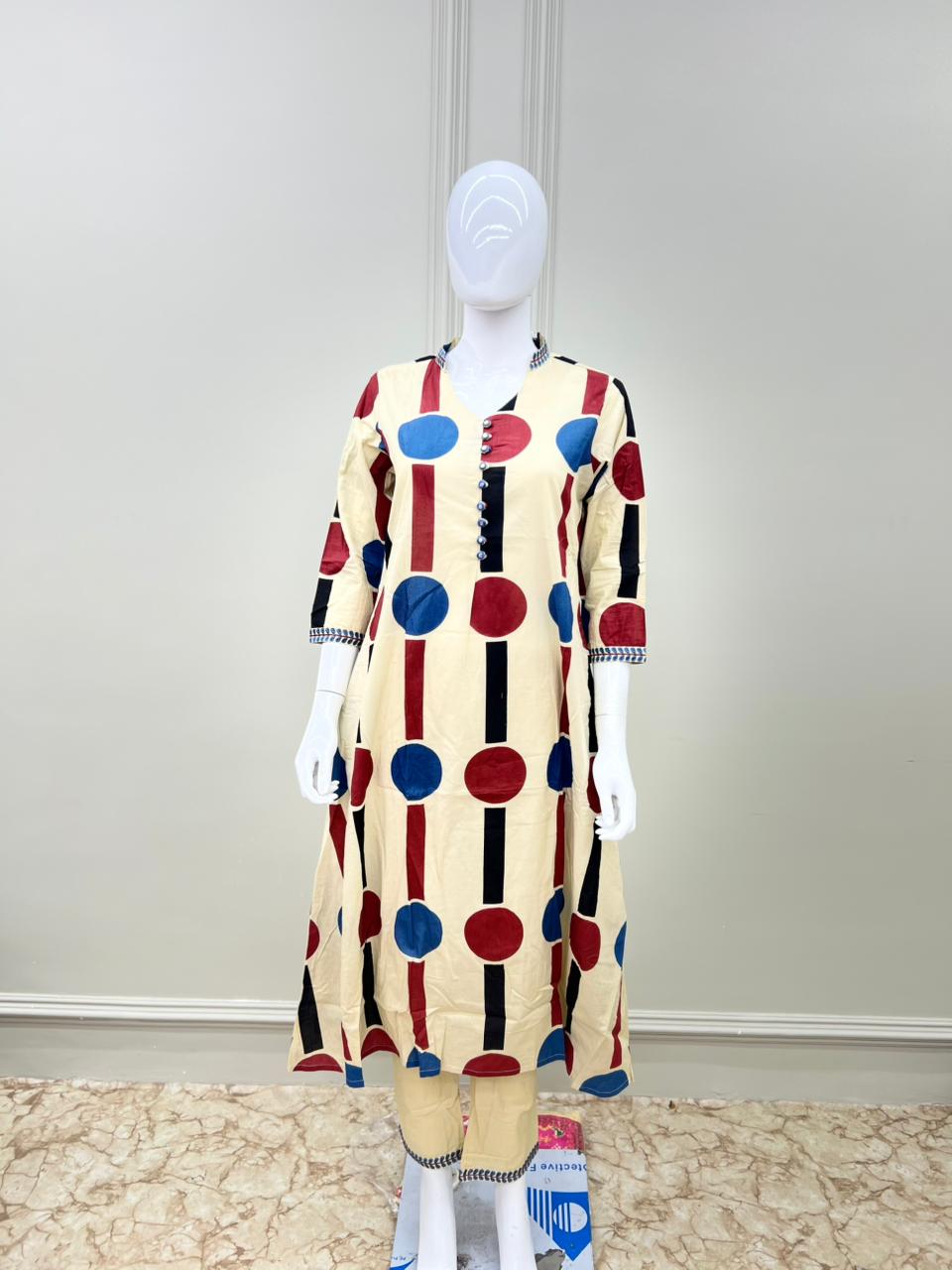 Pure Jaipuri Cotton Dot Print 2pc Set Cream Color