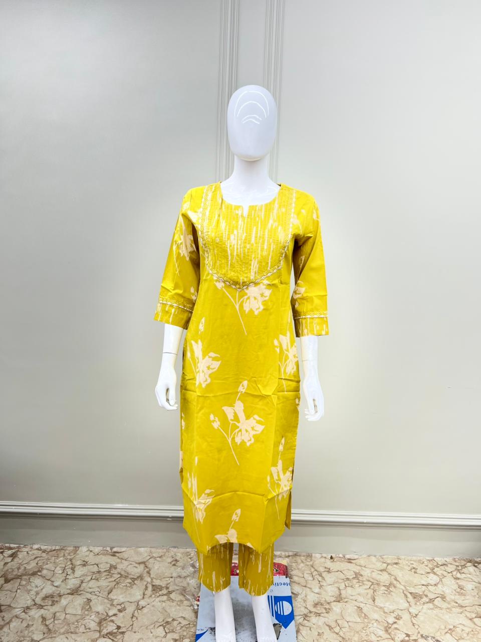 Pure Cotton Thread Detailing 3pc Set Yellow Color