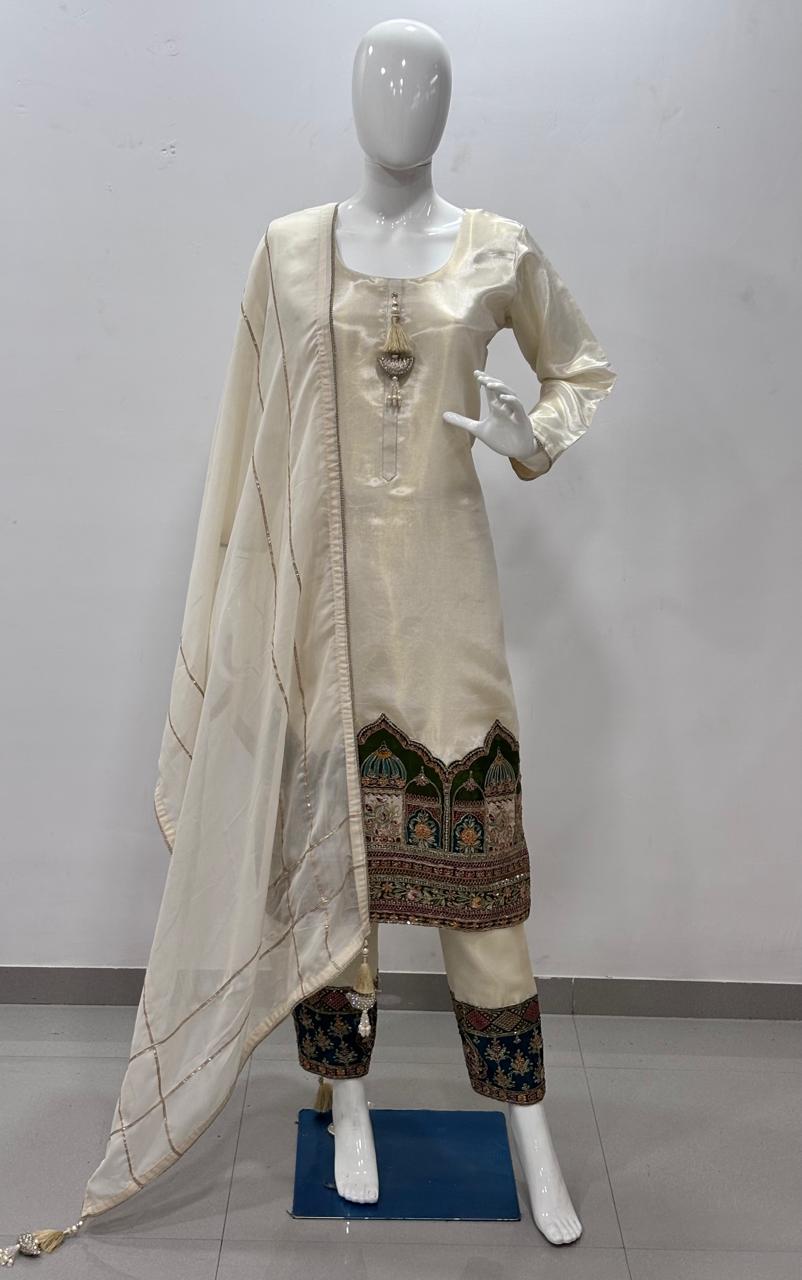 Pure Gucci Silk Pechwai Work With Jacquard Weaving 3 Pc suit Ivory Color