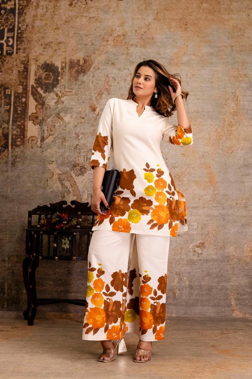Pure Flex Cotton Floral Print 2pc Cordset Bottom Plazzo White Color With Yellow Flower