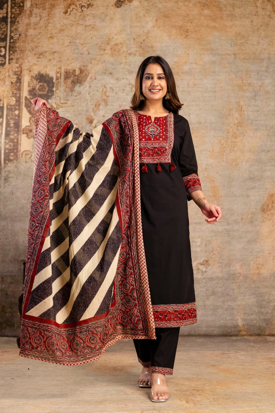 Pure Cotton Ajarak Print 3pc Set Black Color