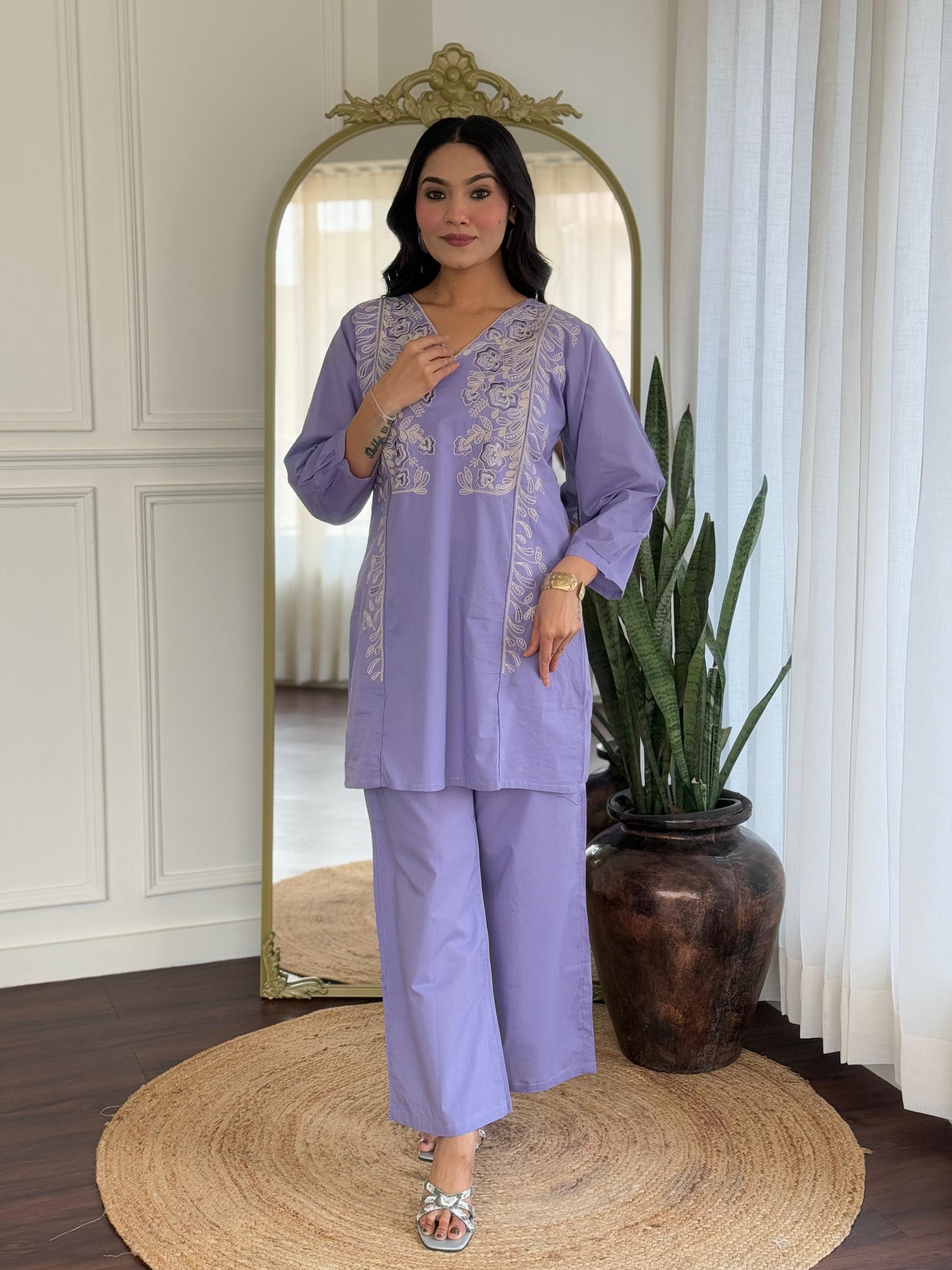 Pure Cotton Thread Embrodeiry Work 2pc Set Light Purple Color