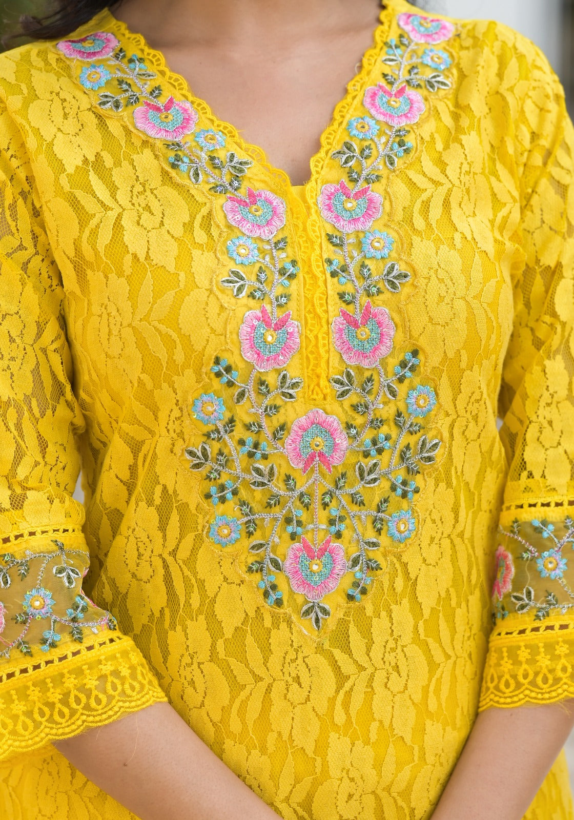 Pure Viscoce Organza Applique and LaceBorder Work 3pc Set Yellow Color