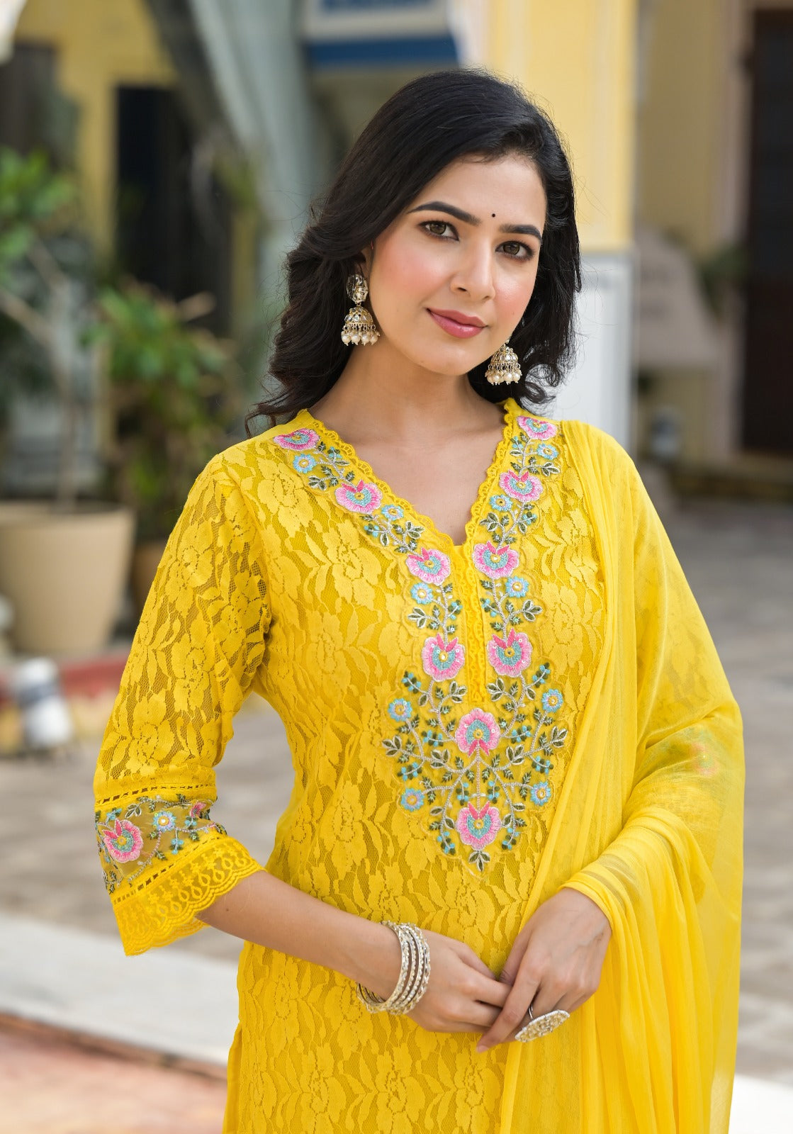 Pure Viscoce Organza Applique and LaceBorder Work 3pc Set Yellow Color
