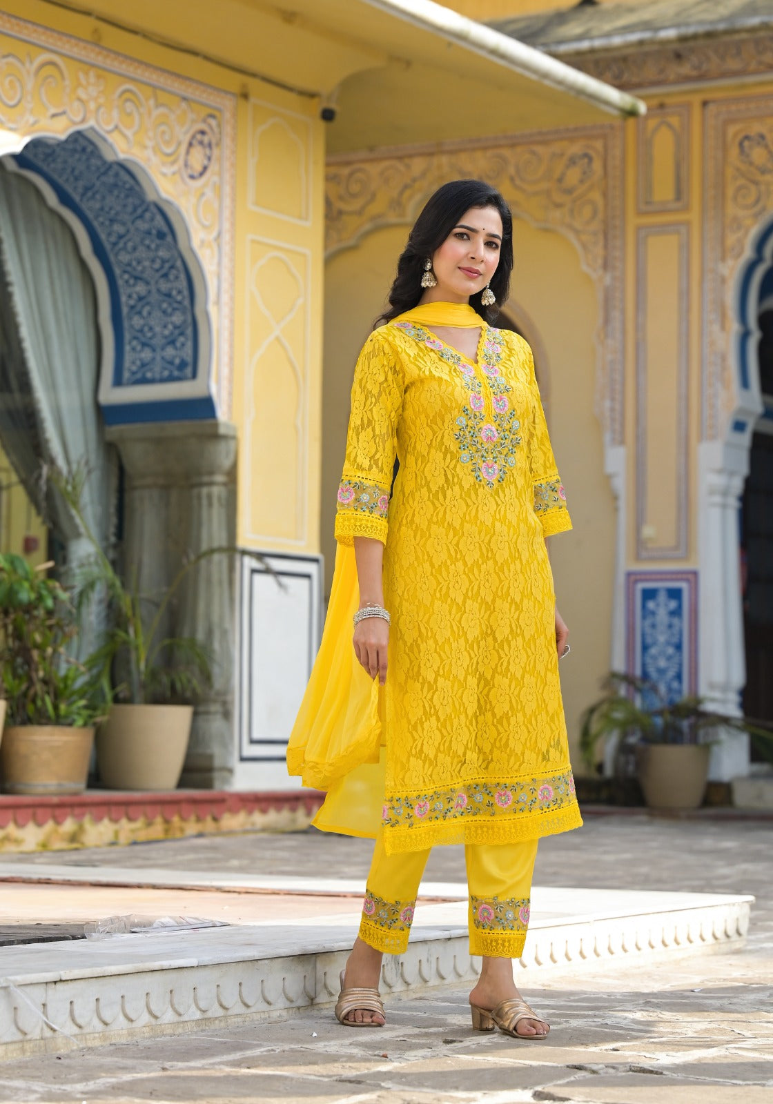 Pure Viscoce Organza Applique and LaceBorder Work 3pc Set Yellow Color