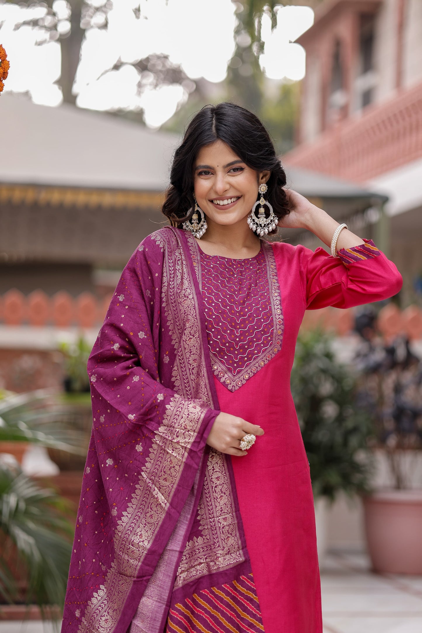 Pure Russian Silk Sequence Work 3pc Set Bottom Garara Rani Pink Color