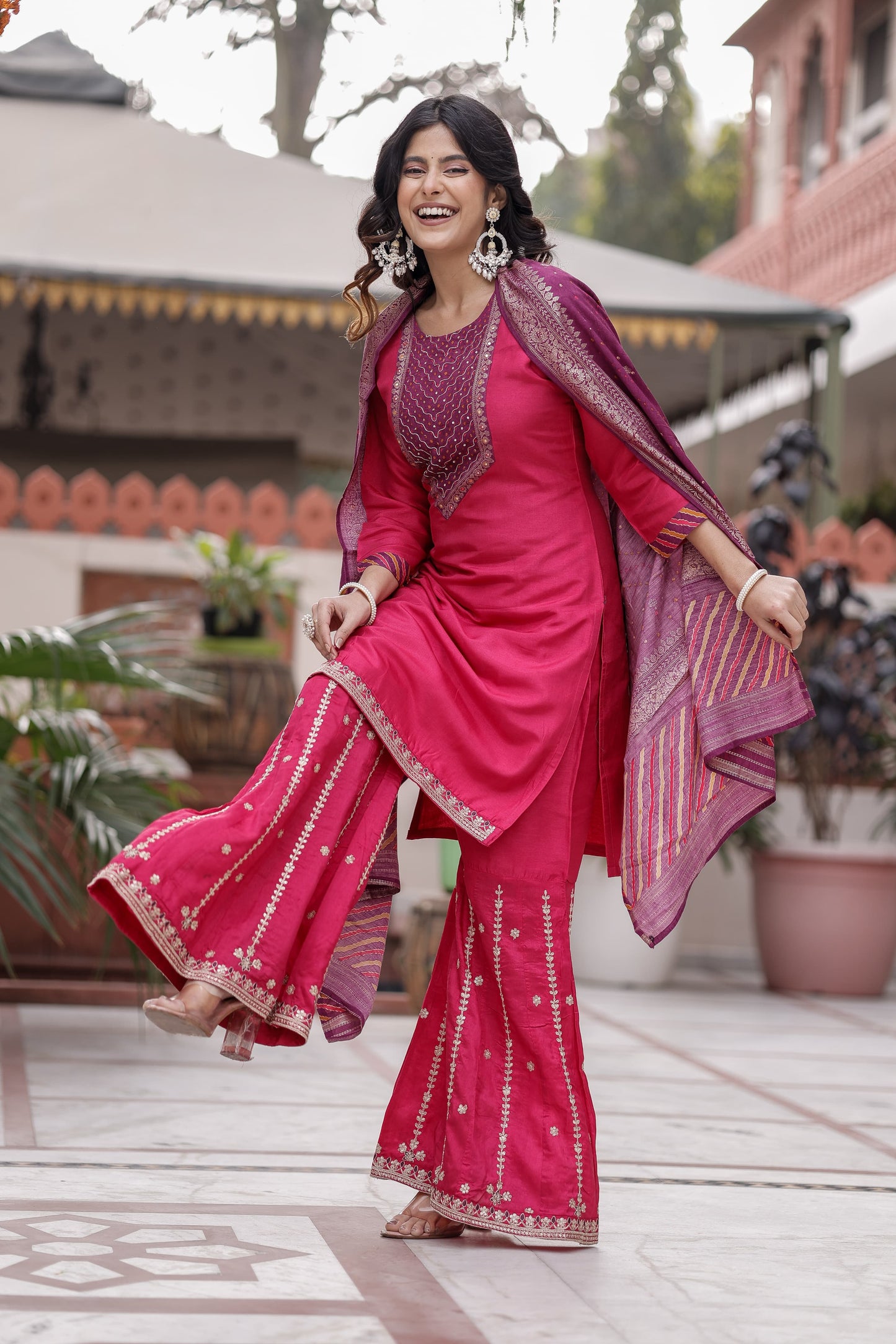 Pure Russian Silk Sequence Work 3pc Set Bottom Garara Rani Pink Color
